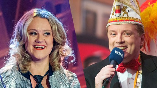 Grafik: Comedy-Queen Lisa Feller (l) und der langjährige Sitzungsmoderator Uwe Koch (r) führen durch karnevalistische Rankingshow.