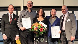 Michael Braun (v.l., BDM), die WDR-Autoren Valentin Thurn, Karin de Miguel Wessendorf und Jonathan Stock (Jurypräsident).
