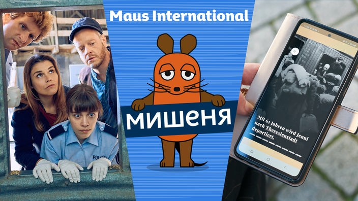 Bildcollage: Szenenfoto „Mord mit Aussicht“, die Mausseite auf ukrainisch und Bild der App „Stolpersteine NRW“
