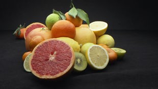 Ein Haufen Orangen, Zitronen, Grapefruits und andere Zitrusfrüchte liegen auf schwarzem Grund.