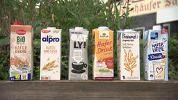 Verschiedene Marken von Hafermilch stehen auf einem Tisch