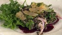 Feiner Salat mit Linsen und gebeizter Forelle auf einem Teller angerichtet