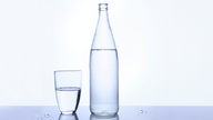 Das Bild zeigt eine Flasche Mineralwasser und ein Glas Wasser.