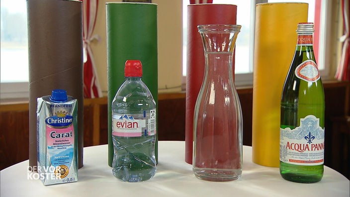 Verschiedene Trinkwassersorten in verschiedenen Verpackungen.