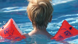 Das Bild zeigt ein Kind mit Schwimmflügeln im Wasser.