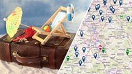 Montage: Karte und Symbolbild Urlaub mit Koffer, Strand und Liegestuhl