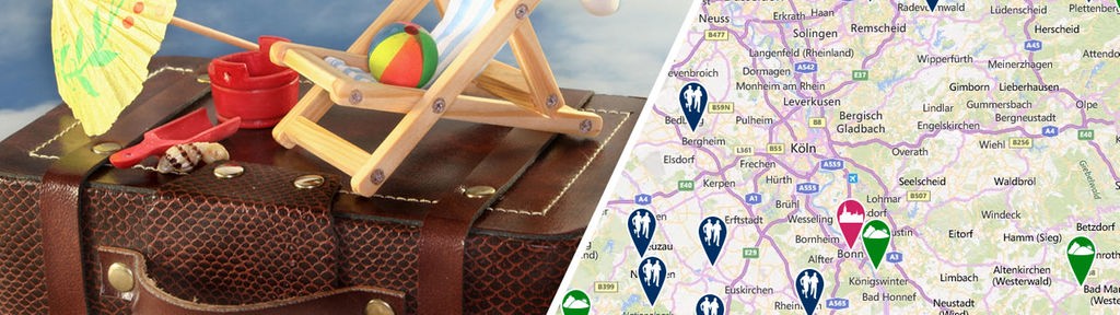 Montage: Karte und Symbolbild Urlaub mit Koffer, Strand und Liegestuhl