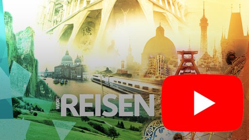 Das Bild zeigt Sightseeing-Hotspots aus Europa und das YouTube Logo. 