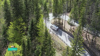 Ein Wohnmobil fährt durch einen Wald