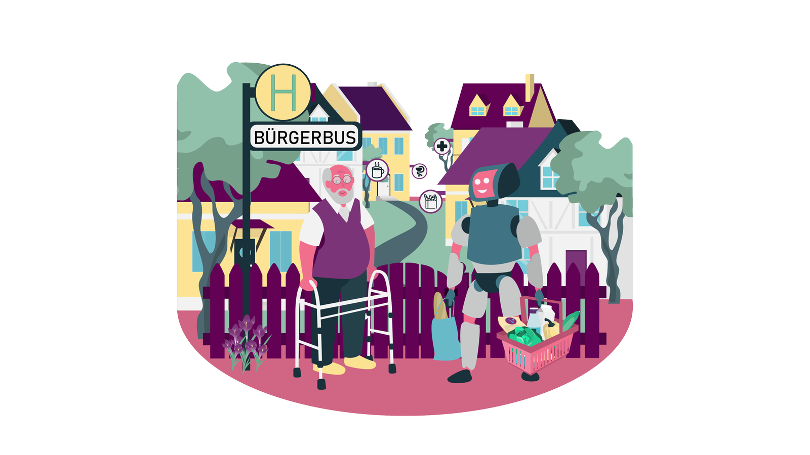 Die Illustration zeig einen älteren Mann mit Gehhilfe, neben ihm steht ein Roboter mit Einkaufstüten und im Hintergrund sieht man ein Dorf mit Cafés, Apotheken und Einkaufsmöglichkeiten.