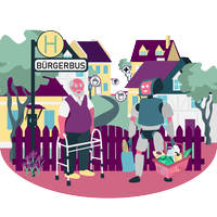 Die Illustration zeig einen älteren Mann mit Gehhilfe, neben ihm steht ein Roboter mit Einkaufstüten und im Hintergrund sieht man ein Dorf mit Cafés, Apotheken und Einkaufsmöglichkeiten.