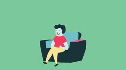Das Bild zeigt eine animierte Person, die auf einem Sessel sitzt. 