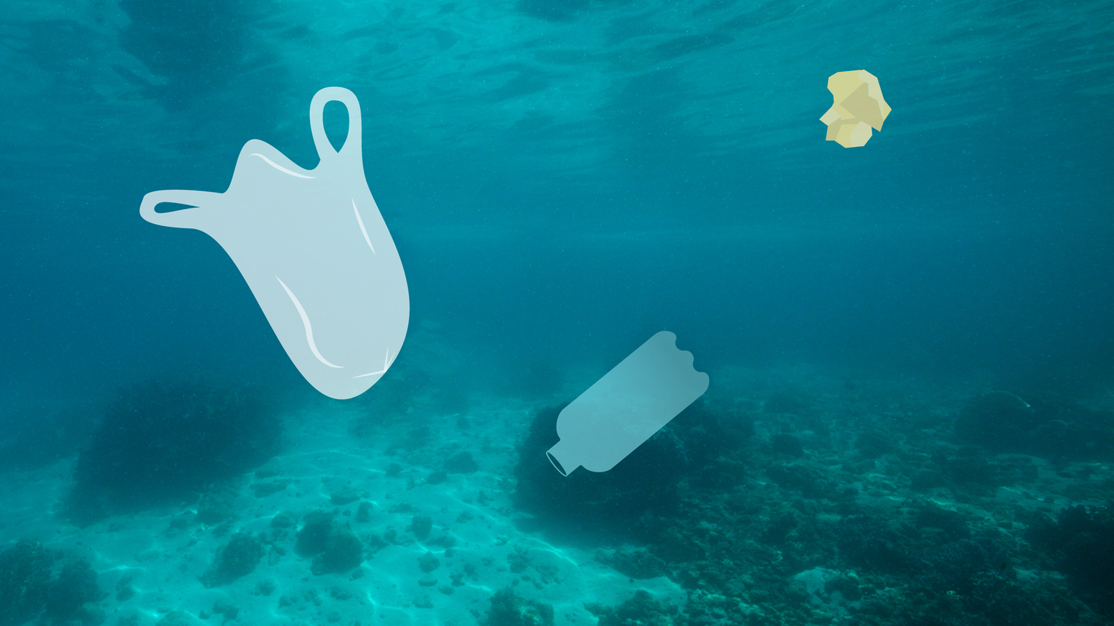 Das Bild zeigt Plastikmüll, der unter Wasser schwimmt.