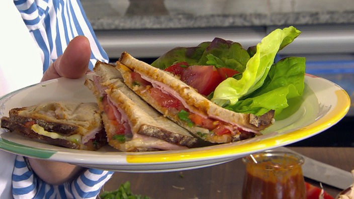 Käse-Schinken-Tomaten-Toast auf einem Teller mit grünen Salatblättern angerichtet
