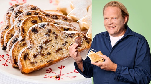 Das Bild zeigt Björn Freitag und einen Christstollen im Hintergrund.