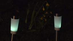 Zwei Solarbetriebene LED-Leuchten für den Garten stehen bei Nacht im Garten.