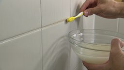 Das Bild zeigt, wie Fugen im Bad mit einer Zahnbürste geputzt werden.