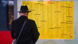 Bahnverspätung, Fahrgast steht vor Fahrplan