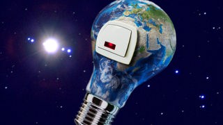 Symbolbild-Montage Earth Hour, Welt-Glühbirne und Lichtschalter