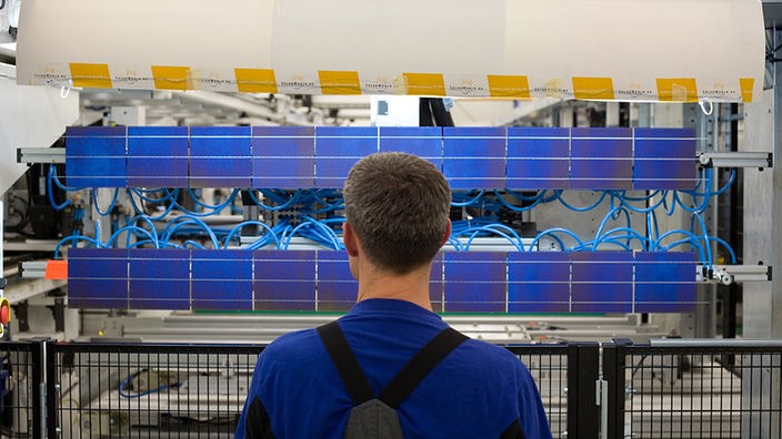 Mann mit Blick auf Solarmodulfertigung