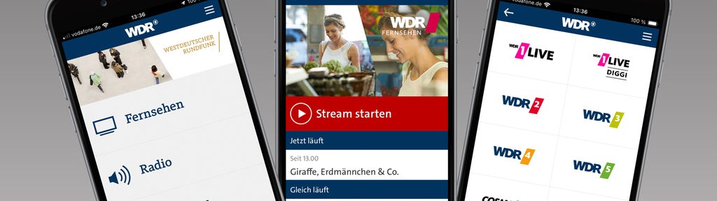 Montage der neuen WDR App in 3 Smartphones