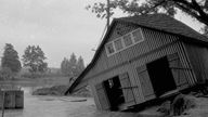 Ein Haus versinkt beinah im Hochwasser der Werre, 1946