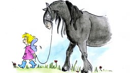 Kind geht mit angeleintem Pferd, gezeichnet.