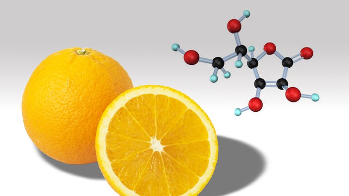 Montage Orangen / Molekül Vitamin C als 3D-Modell 