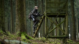 Jäger steigt in Fichtenwald auf Hochsitz