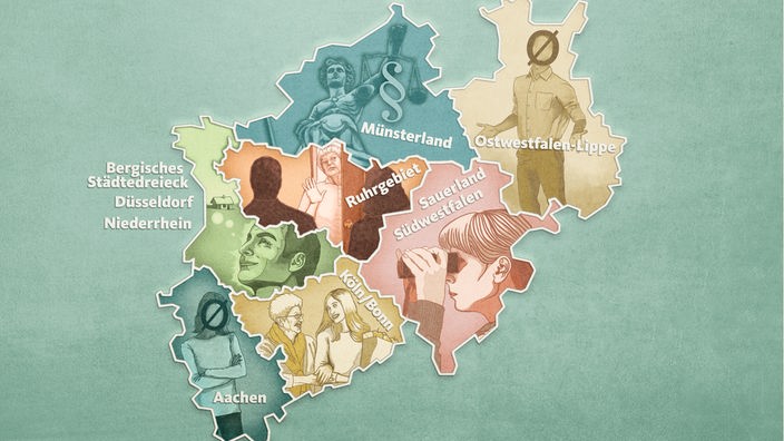 Eine Karte Nordrhein-Westfalens in sieben Regionen unterteilt. Die Regionen werden durch verschiedene Stereotype repräsentiert.