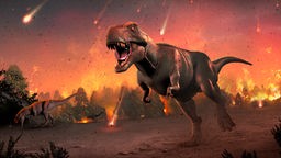 Dinosaurier laufen vor Funken und Feuer davon.