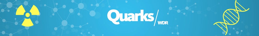 Naturwissenschaftssymbole auf blauem Untergrund, darin der Schriftzug Quarks/WDR 